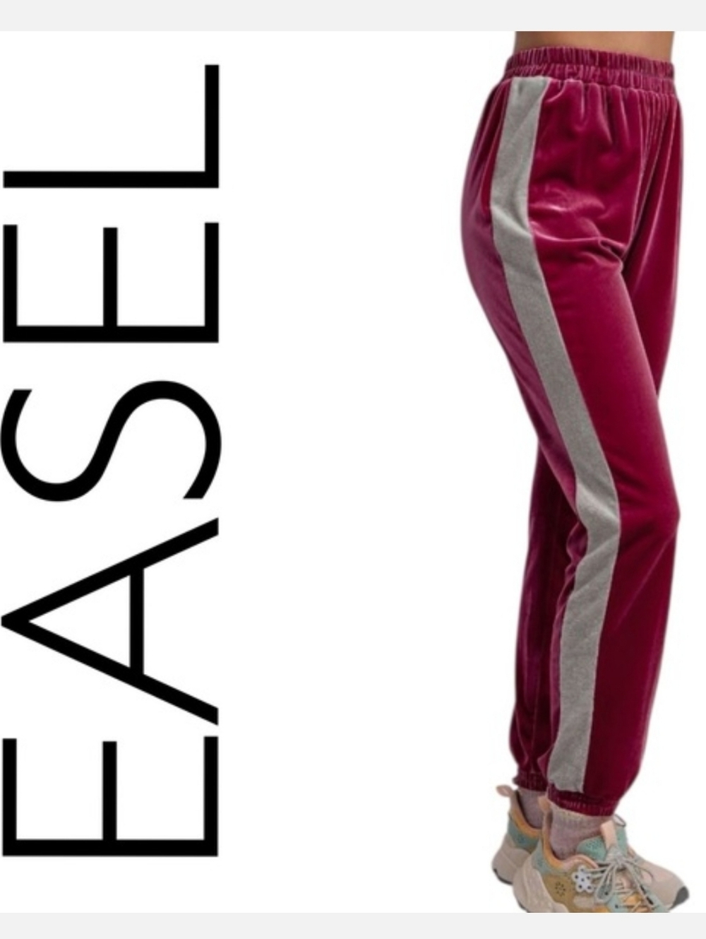 Easel- Velour Side-Stripe Jogger Pants - Magenta
